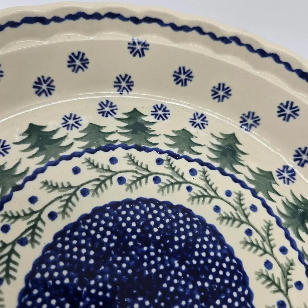 Vintage Polish Pottery Pie Plate Dish Handles Evergreen Trees Snowflakes Poland